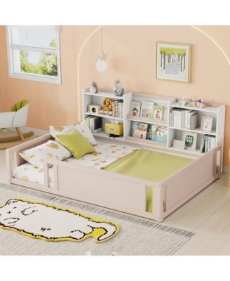 Full Size Wooden Platform Bed with Fence Guardrail and Storage Shelves