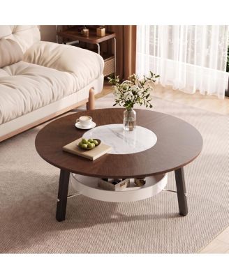  35.43" Modern Round Coffee Table with Storage Shelf and Stone Inlay