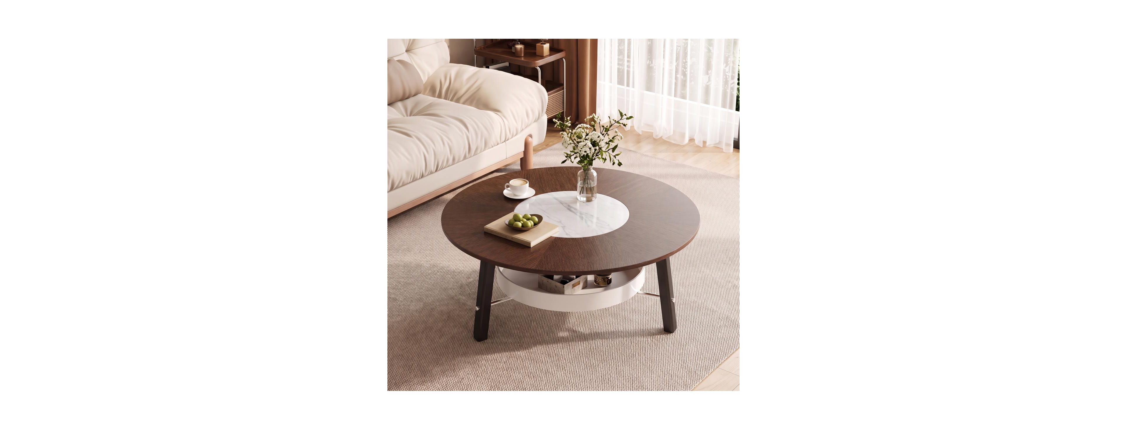 Streamdale Furniture 35.43" Modern Round Coffee Table with Storage Shelf and Stone Inlay