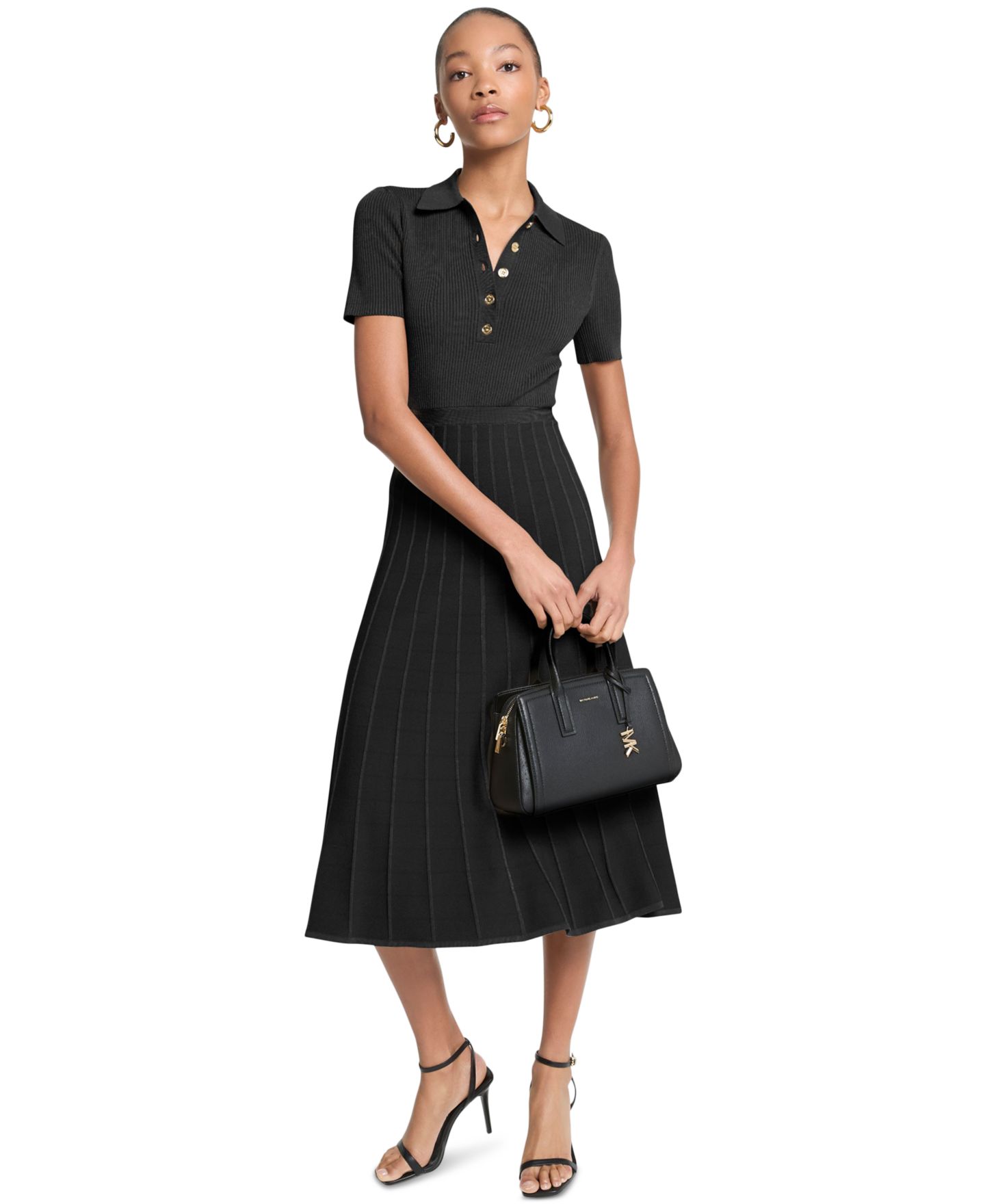 Женское платье Michael Kors Polo Collar Short-Sleeve Midi, цвет: Чёрный — фото 1