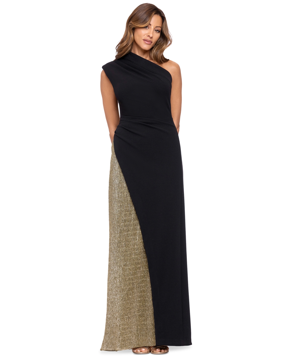 Betsy & Adam Women's One-Shoulder Metallic Long Gown - Black Gold