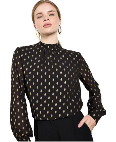 Женская блузка Apricot Gold-Foil Print Mock Neck Long Balloon Sleeves, цвет: Чёрный