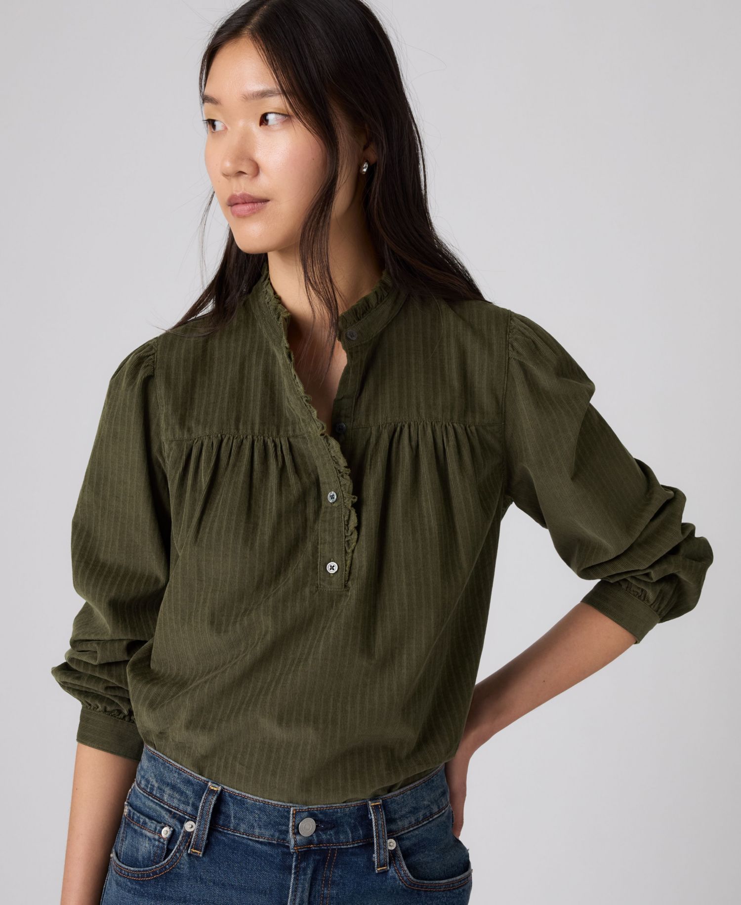 Women's Perla Long-Sleeve High-Neck Button-Front Corduroy Blouse