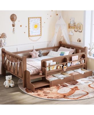 Twin Wood Floor Bed with Bookcase, Drawers and Stairs