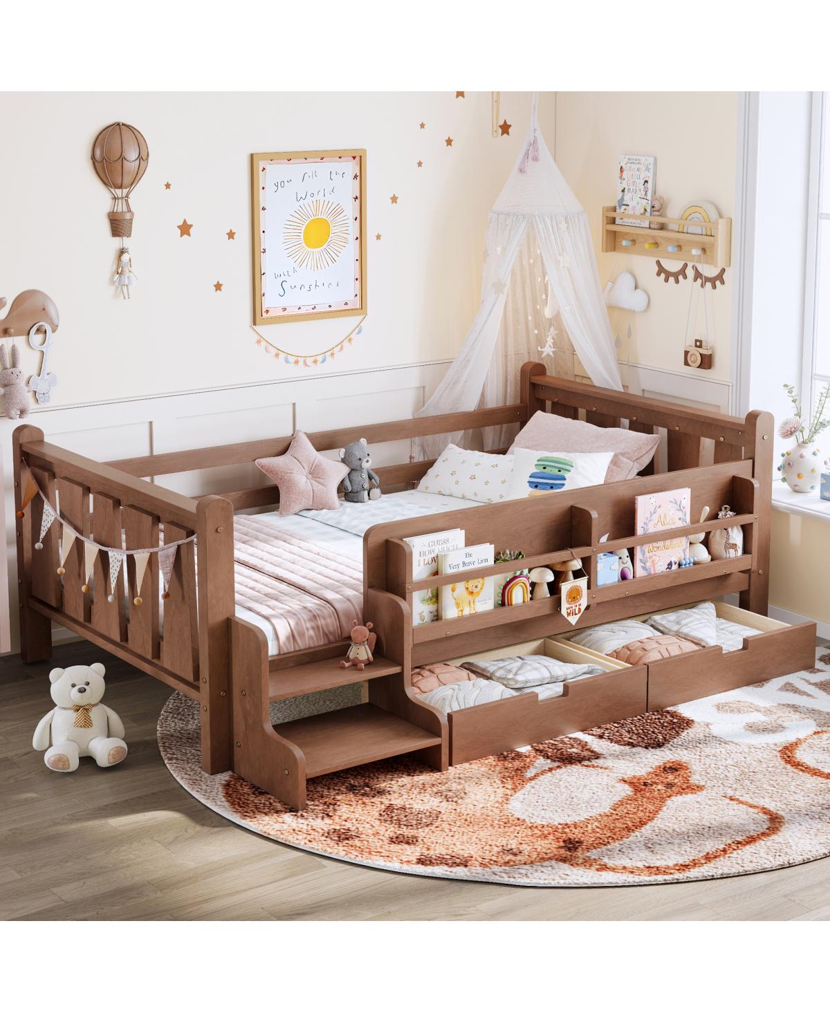 Streamdale Furniture Twin Wood Floor Bed with Bookcase, Drawers and Stairs