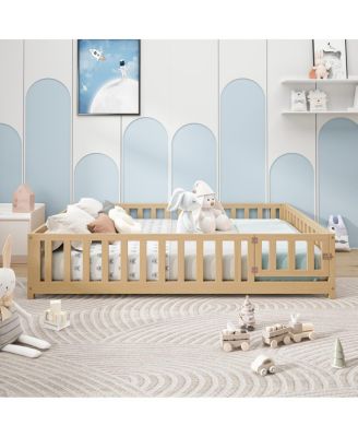 Full Size Montessori Floor Bed with Fence Door and Slats