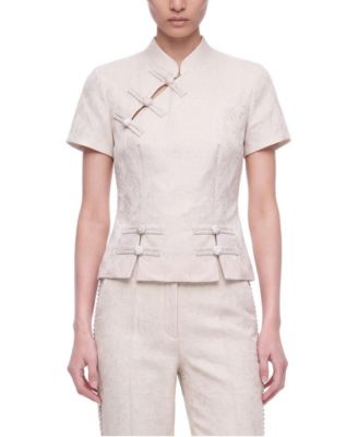 Women's Short-Sleeve Floral-Print Blouse with Chinese Button Detail