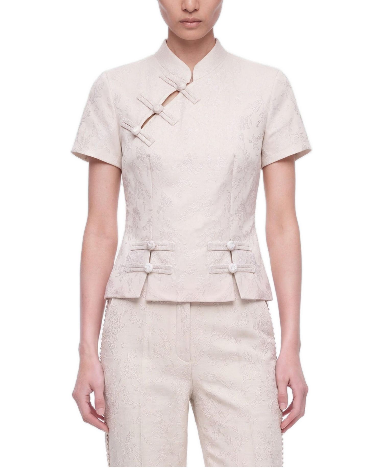 Women's Short-Sleeve Floral-Print Blouse with Chinese Button Detail
