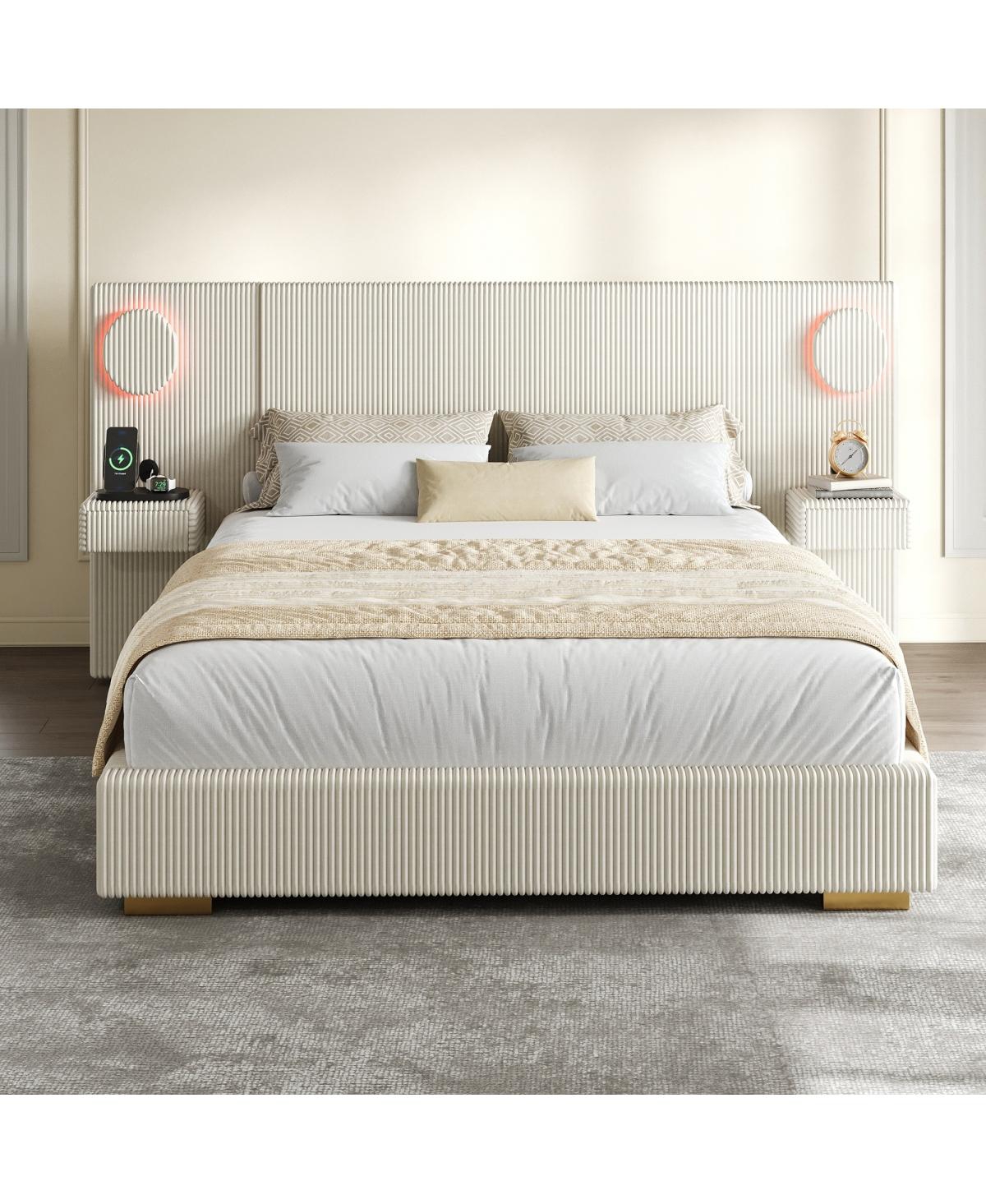 Streamdale Furniture Queen Upholstered Led Bed with Usb and Storage Drawers