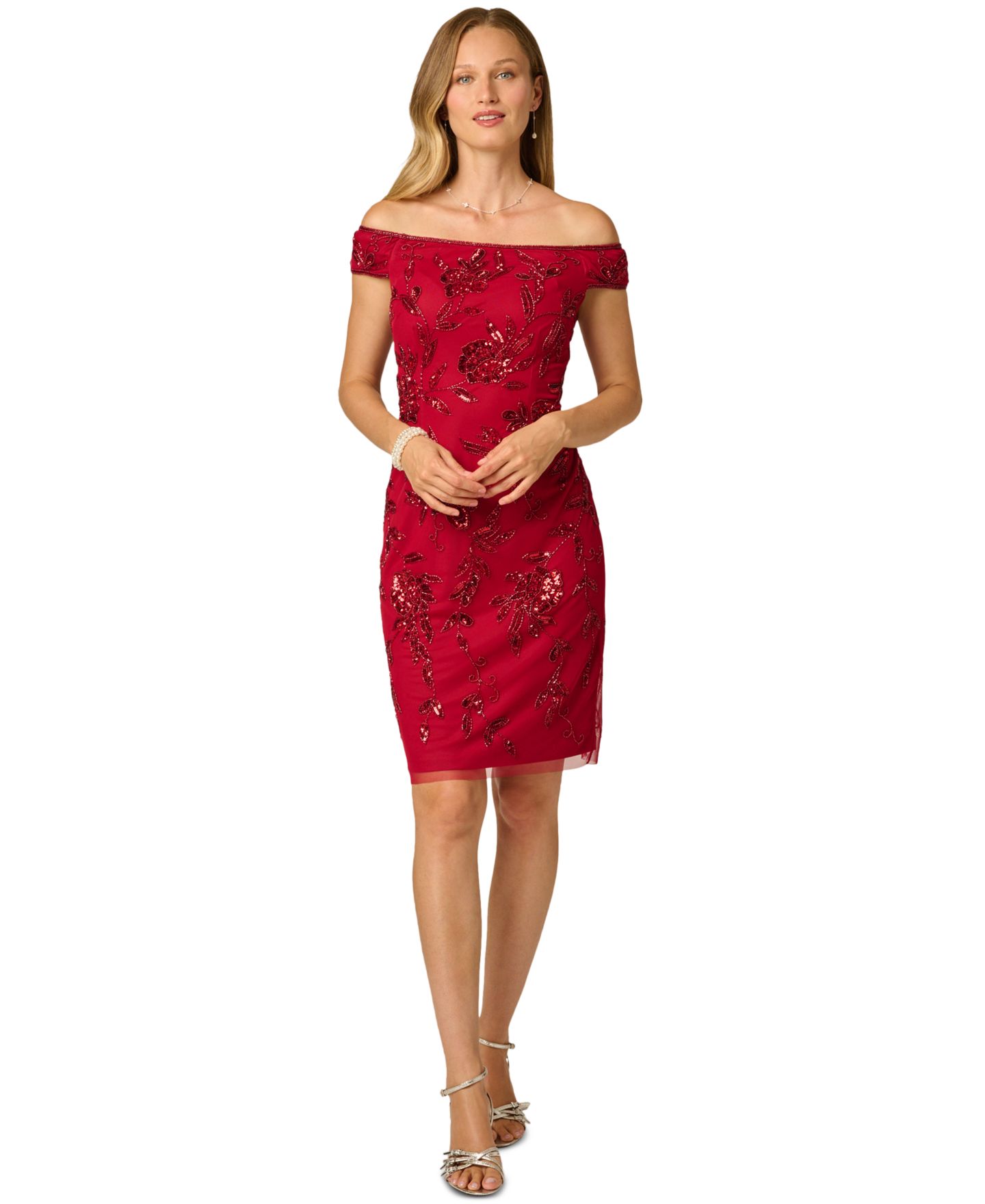 Женское платье Adrianna Papell Off-the-Shoulder Beaded Short-Sleeve Dress, цвет: Клюквенный — фото 1