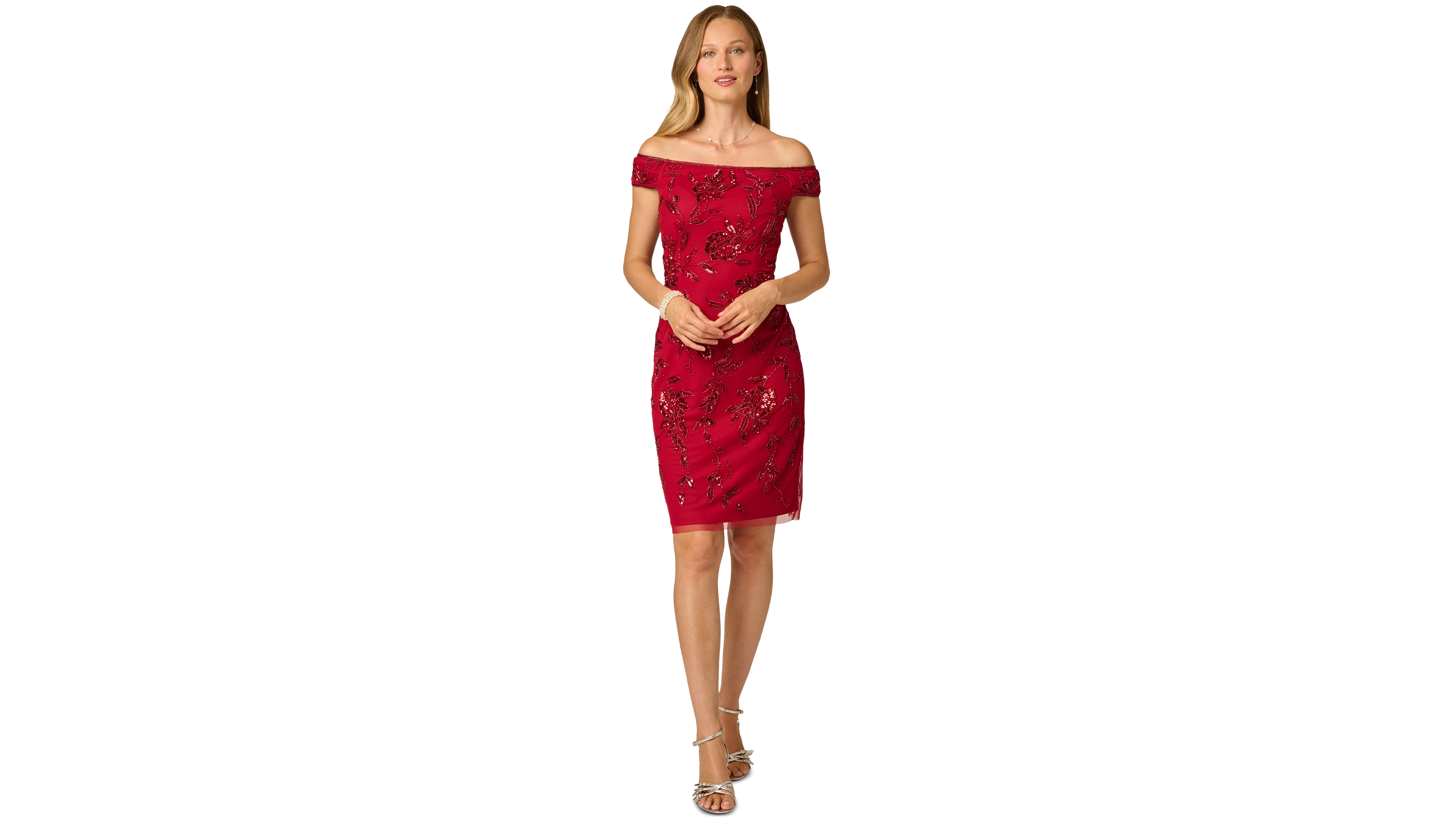 Adrianna Papell Women's Off-the-Shoulder Beaded Short-Sleeve Dress