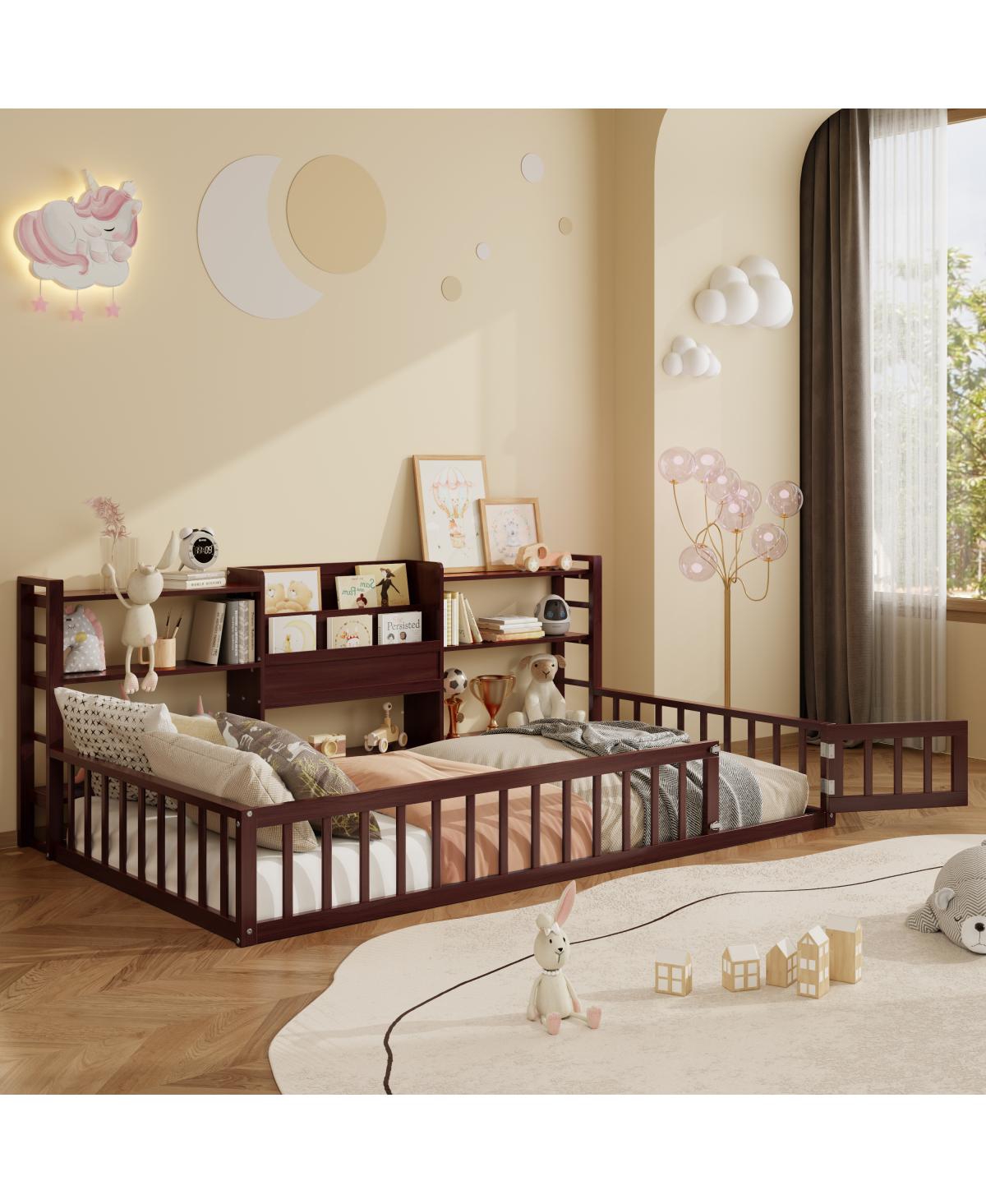 Streamdale Furniture Twin Floor Fence Bed with Bookcase and 3-Tier Shelves