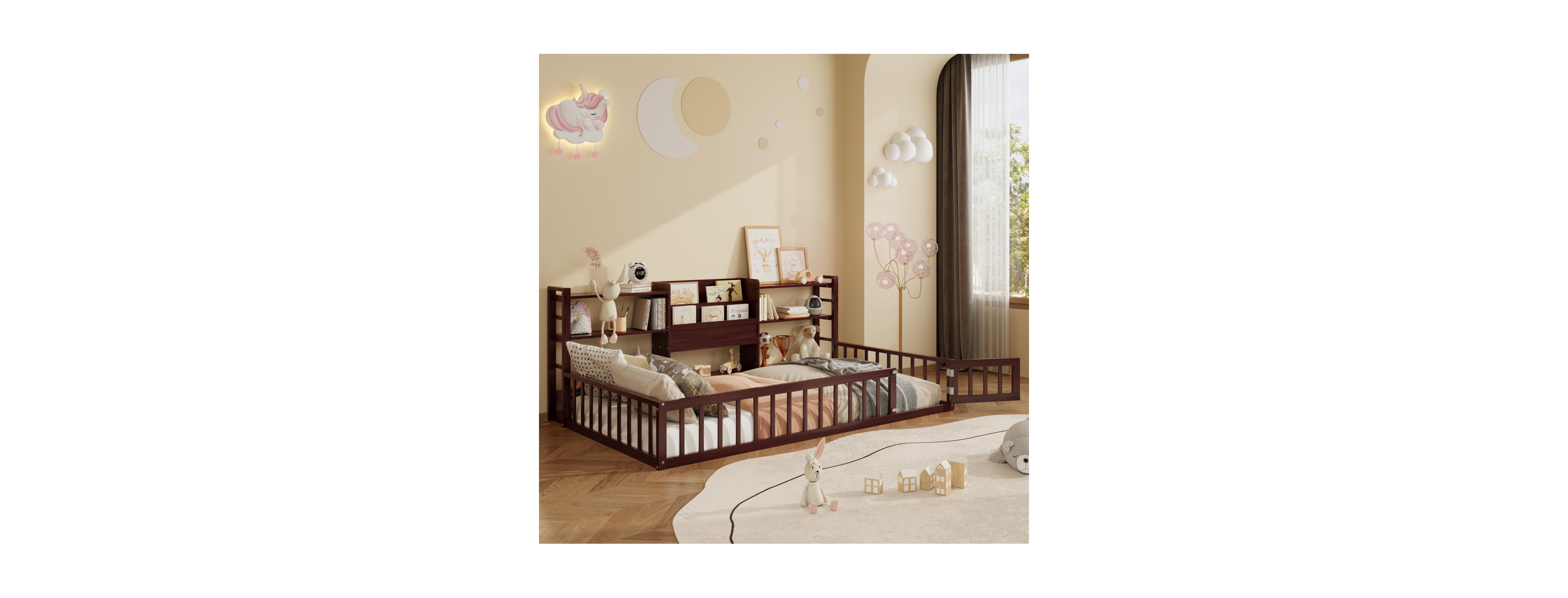 Streamdale Furniture Twin Floor Fence Bed with Bookcase and 3-Tier Shelves