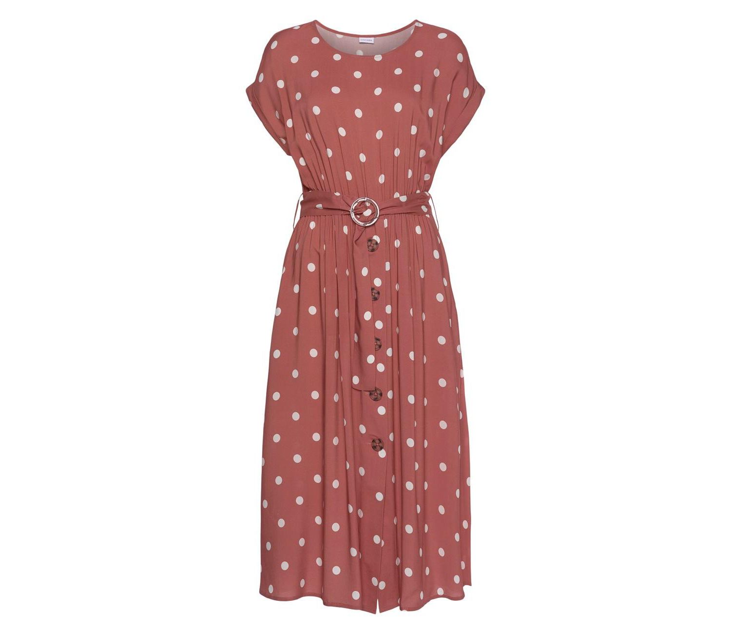 Women's Polka-Dot Short-Sleeve Belted Midi Dress