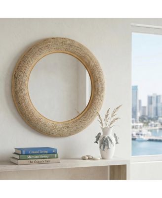 35.5" Woven Round Mirror Bamboo Frame Decorative Wall Mirror for Living Room and Entryway