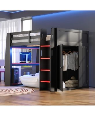 Full Loft Bed with Desk, LED Lights, Shelves and Wardrobe
