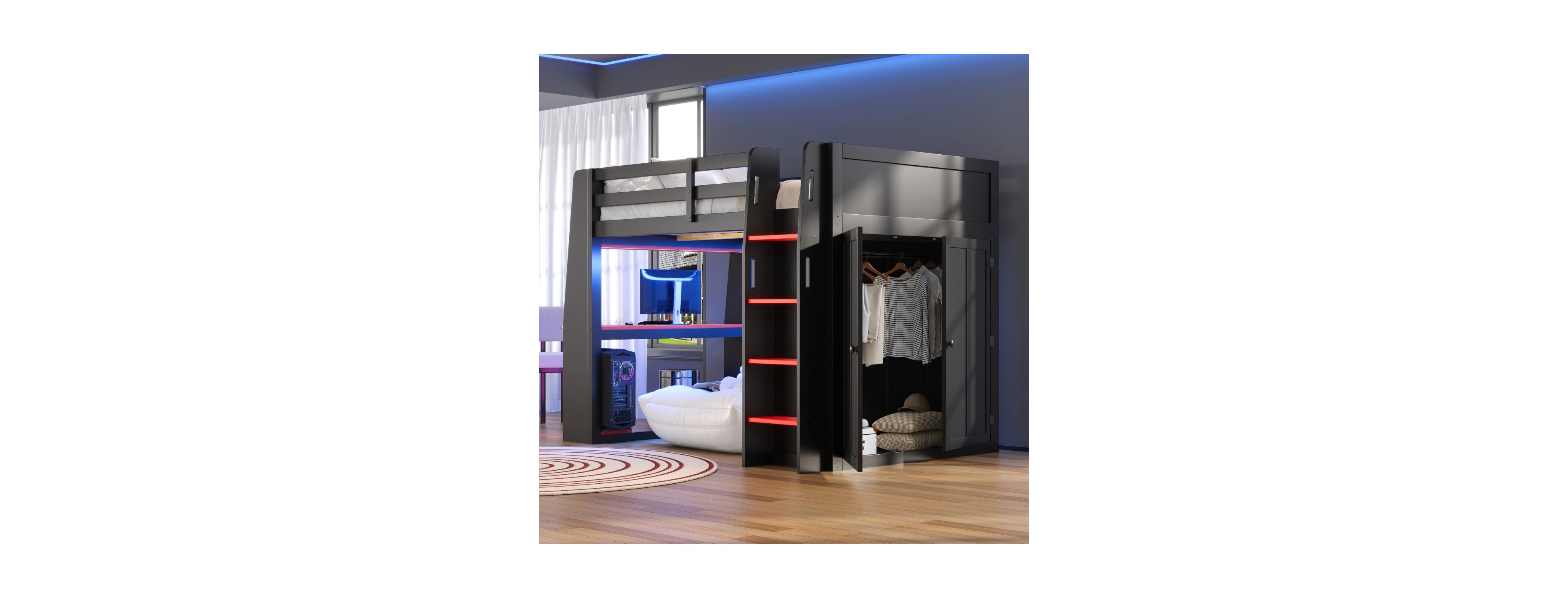 Streamdale Furniture Full Loft Bed with Desk, Led Lights, Shelves and Wardrobe