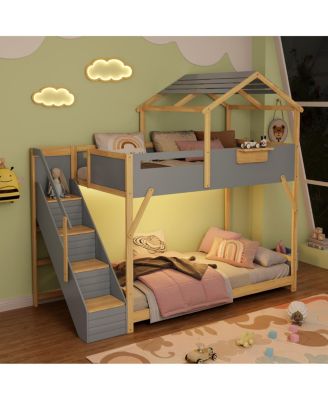 Twin over Twin House Bunk Bed with Stairs and 3-Color LED Lights