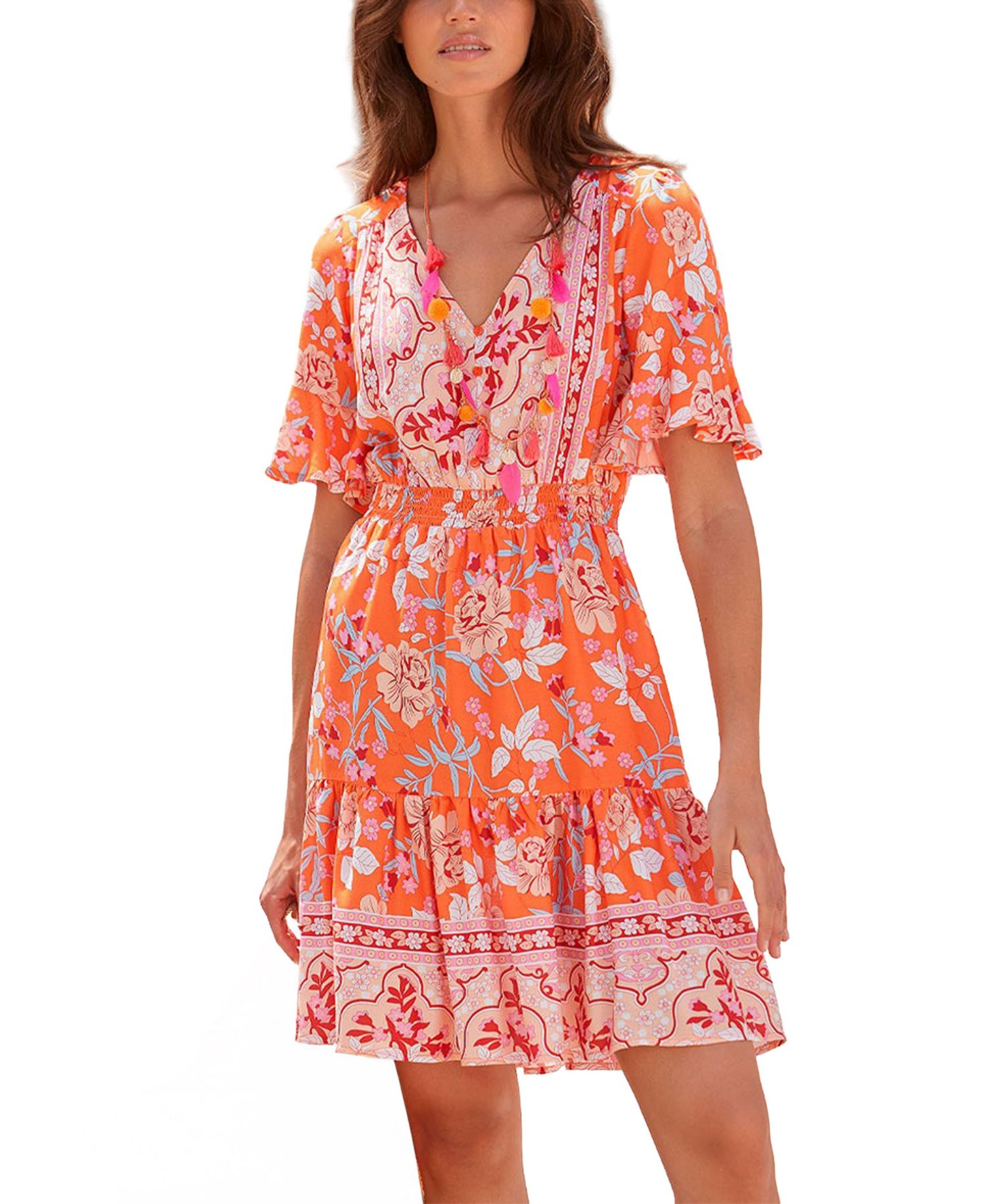 Women's Floral-Print Tiered A-Line Short-Sleeve Dress
