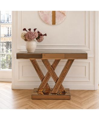  Modern Mirrored Console Table with Crushed Diamond Inlay