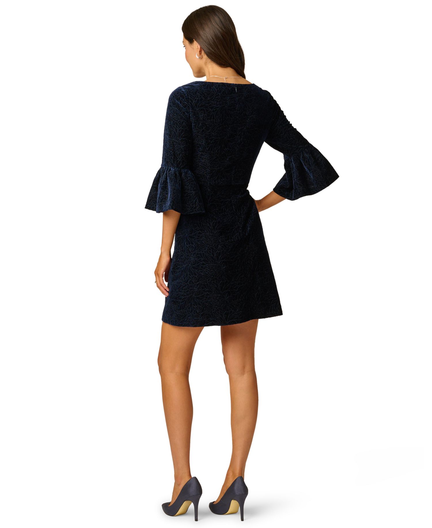 Women's Floral-Print Bell-Sleeve Velvet Dress