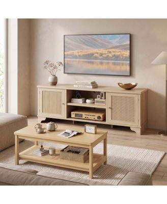 62" Rattan Living Room Set With TV Stand and Coffee Table Farmhouse Boho Style MDF Wood Grain Finish Fits TVs Up To 65" With Storage Shelf
