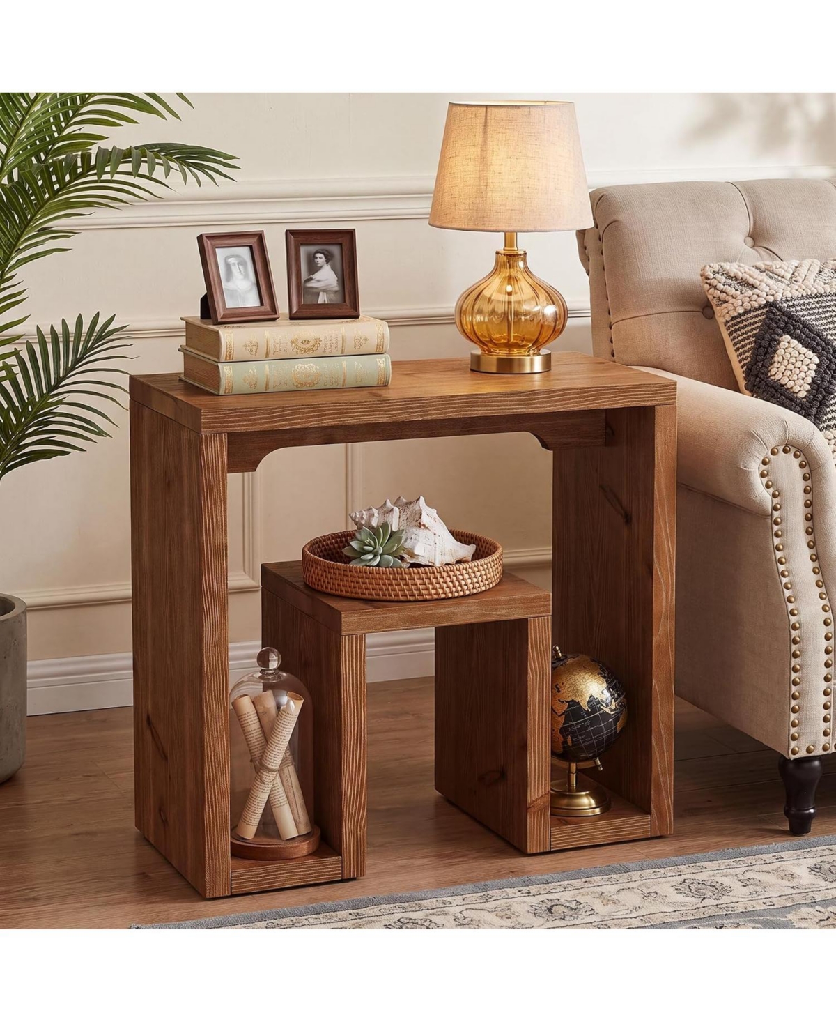 Tribesigns Solid Wood, Farmhouse Wooden Side Table with Book Groove and Holder, Bedside Nightstand - Walnut