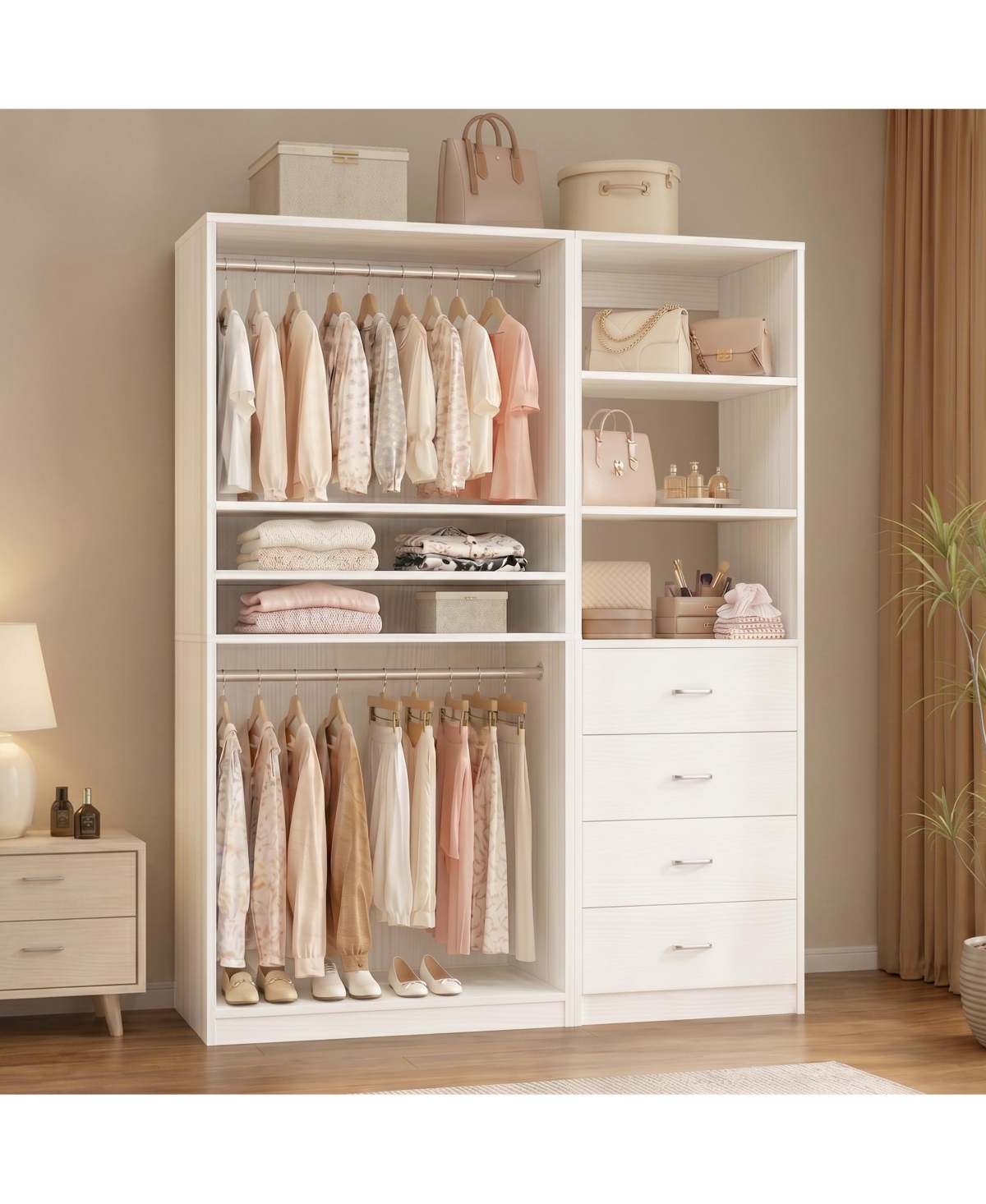 Aheaplus Wooden Closet Organizers Set with 4-Drawers and 5-Shelves, Closet System - White