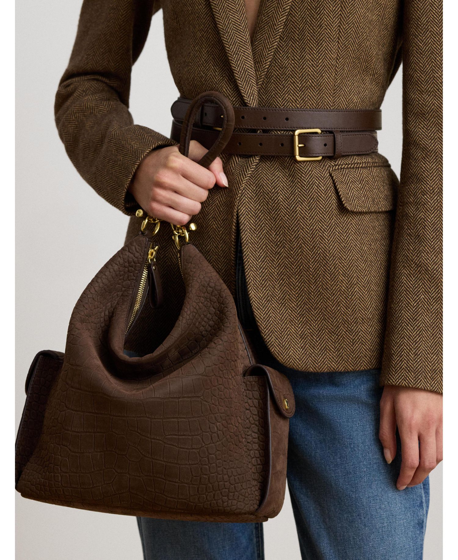 Blaike Suede Croc-Embossed Medium Hobo Bag