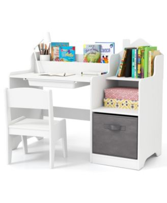 Kids Study Desk and Chair Set with Open Shelves Drawer and Fabric Storage Bin