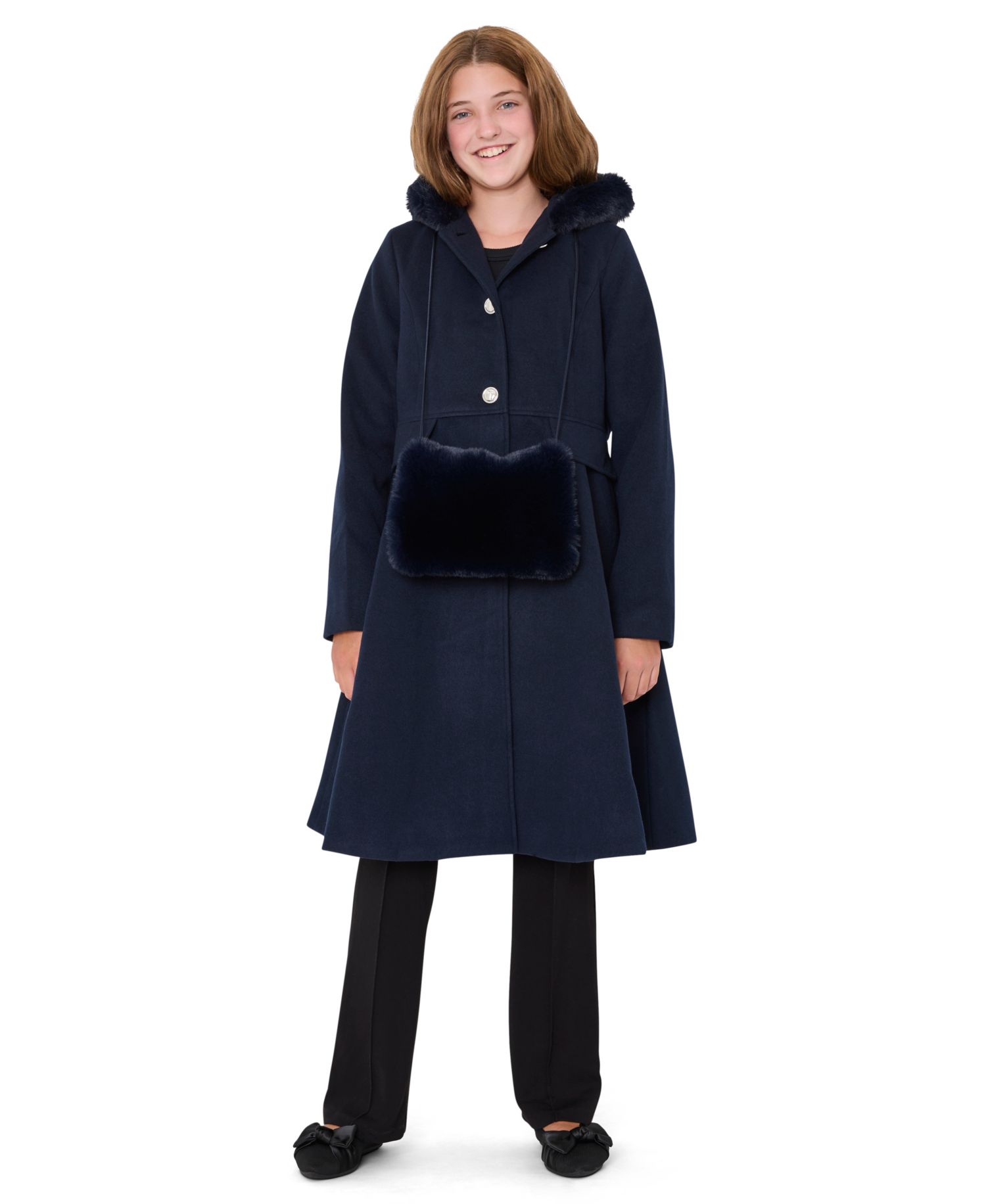 Girls' 6-16 Long-Sleeve Hooded Fur Trim Coat with Muff