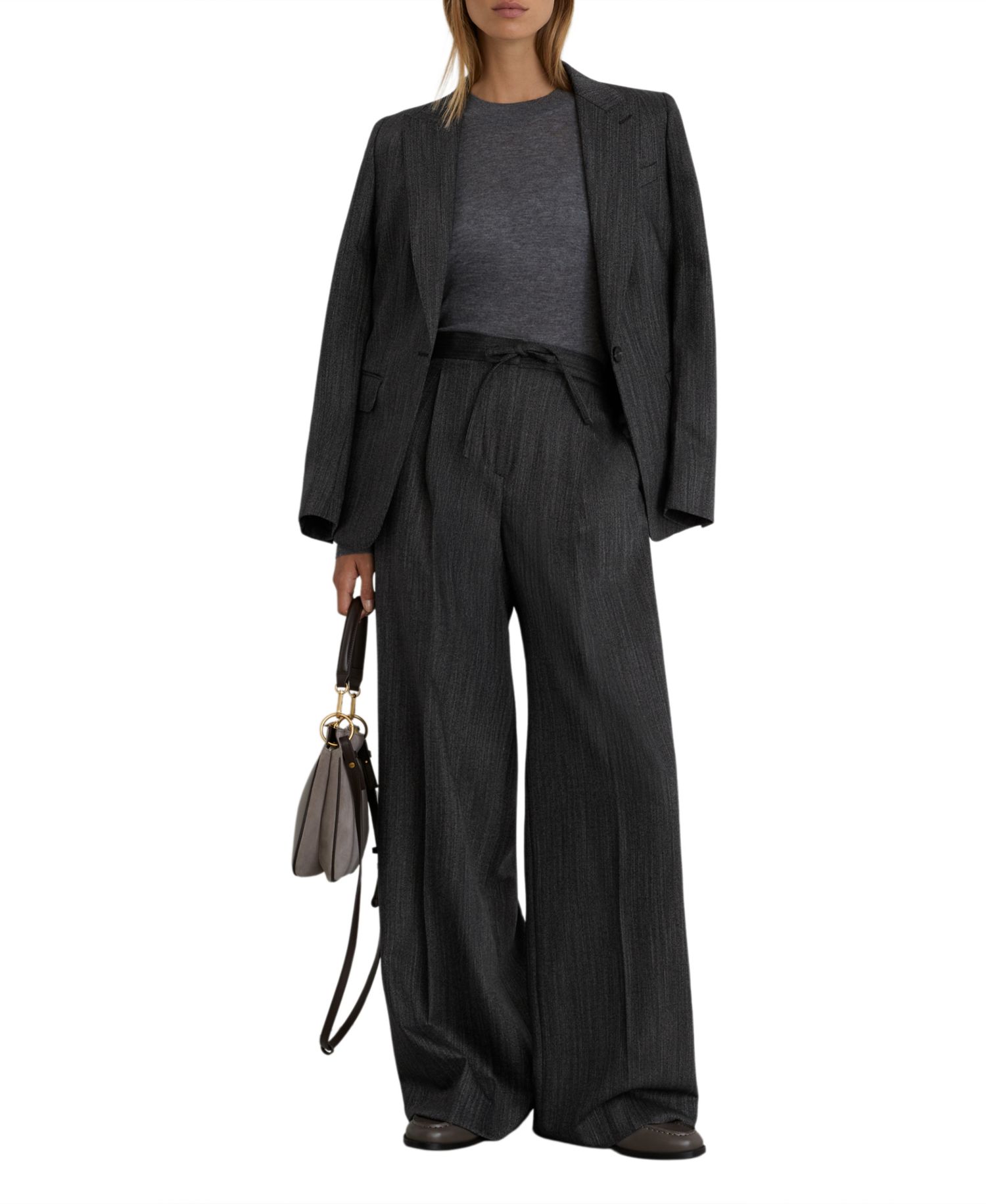 Petite Derby Wide-Leg Pleated Herringbone Pants
