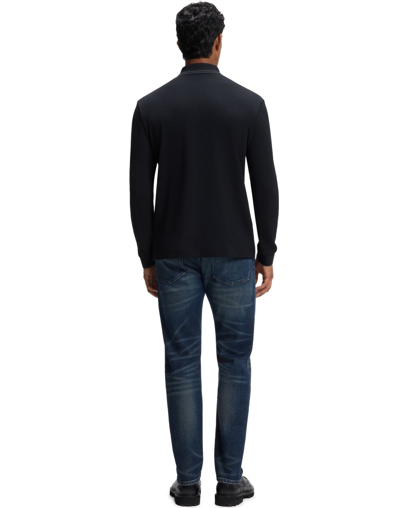 Мужское поло Hugo Boss H-Pittman 10 Stretch Long-Sleeve Waffle-Knit Polo Shirt, цвет: Тёмный синий — фото 2