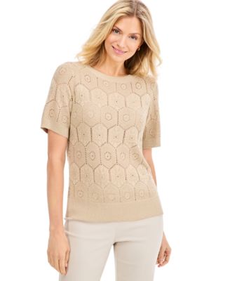 Women's Crewneck Short-Sleeve Novelty-Stitch Pullover Sweater