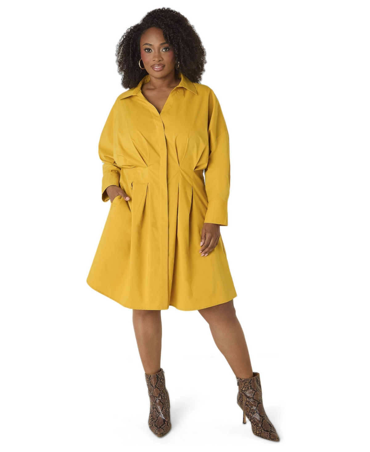 Ashley Stewart Plus Collared Pleated-Sleeve Shirtdress