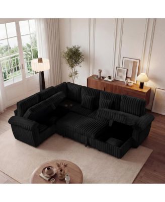103" U-Shaped Corduroy Sectional Sofa with Pull-Out Bed and Storage