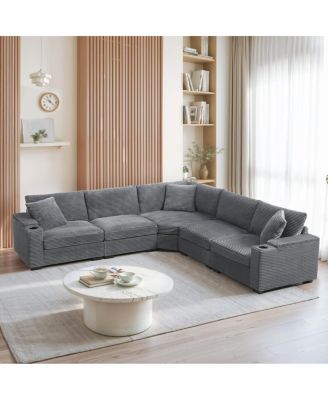 104" Corduroy L-Shaped Convertible Sectional Sofa with Storage and USB