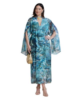 Plus Size Tie-Neck Shell-Detail Wide-Sleeve Kaftan