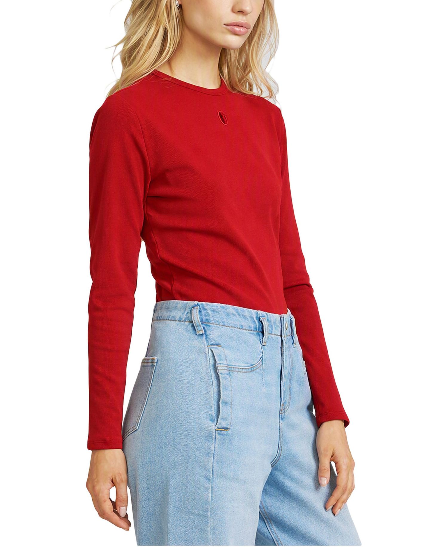 Women's Embroidered Ribbed-Knit Long-Sleeve T-Shirt