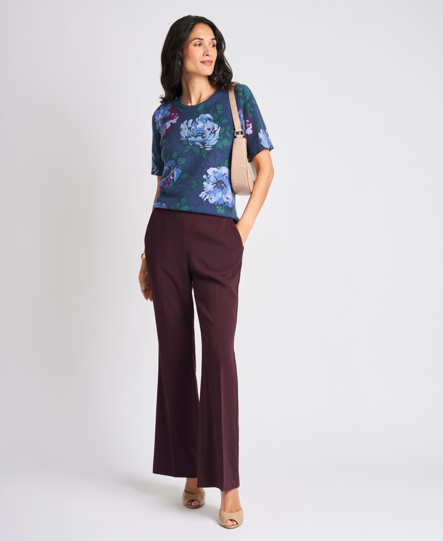 Women's Short-Sleeve Floral-Print Crewneck Sweater