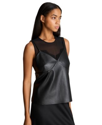 Women's Sleeveless Mixed-Media Lace Bralette Overlay Blouse