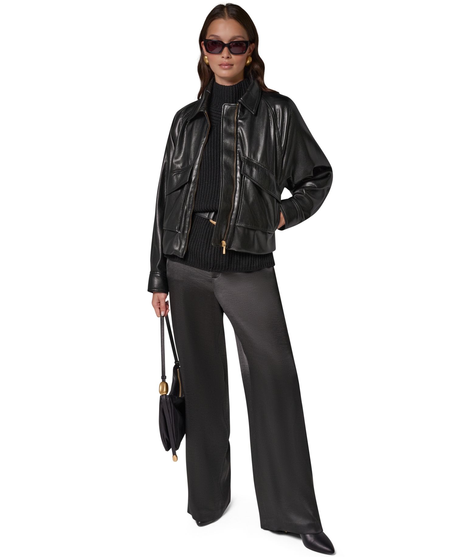 Women's Short Raglan Collared Faux Leather Jacket