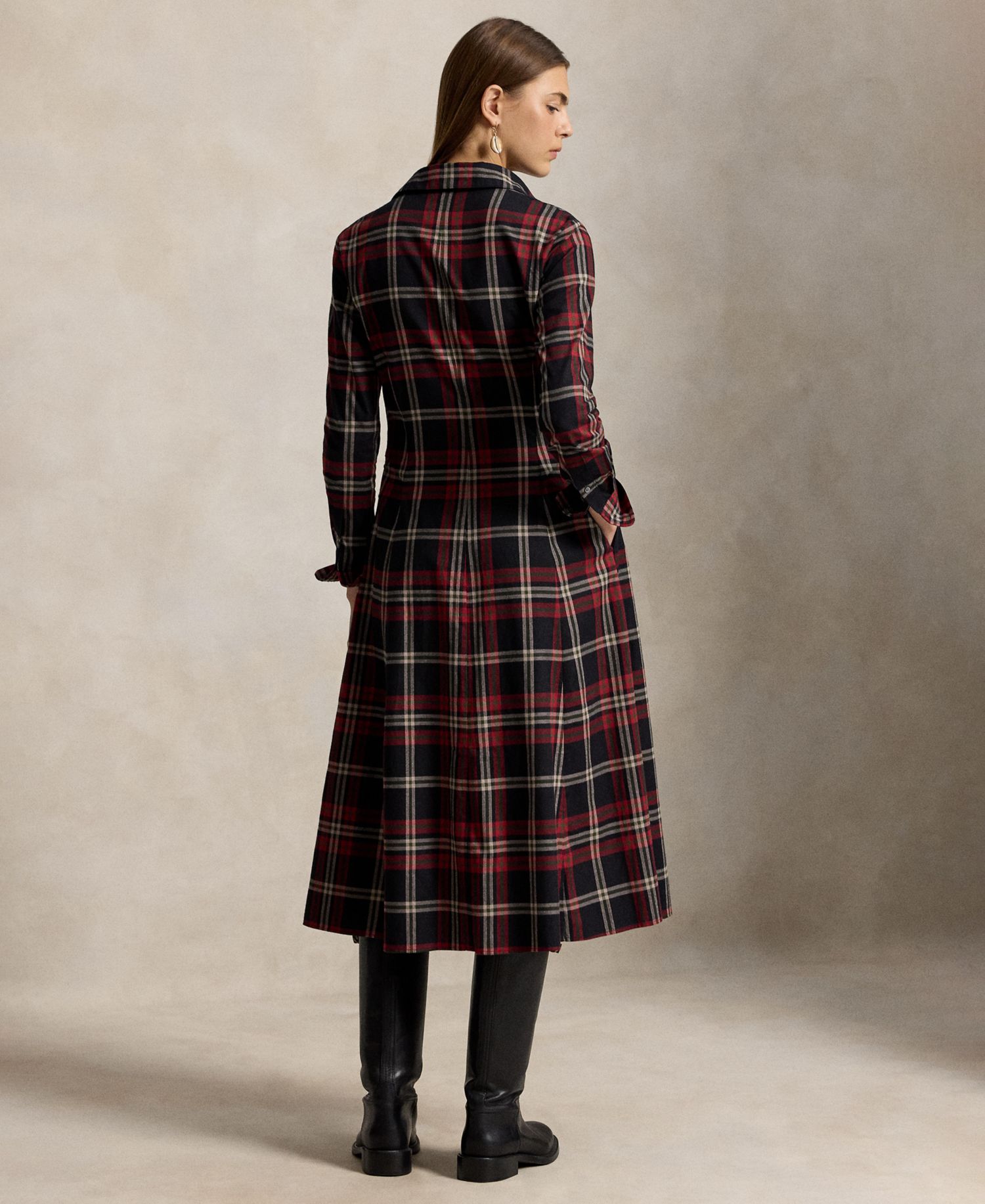 Women's Plaid Long-Sleeve Midi Shirt Dress