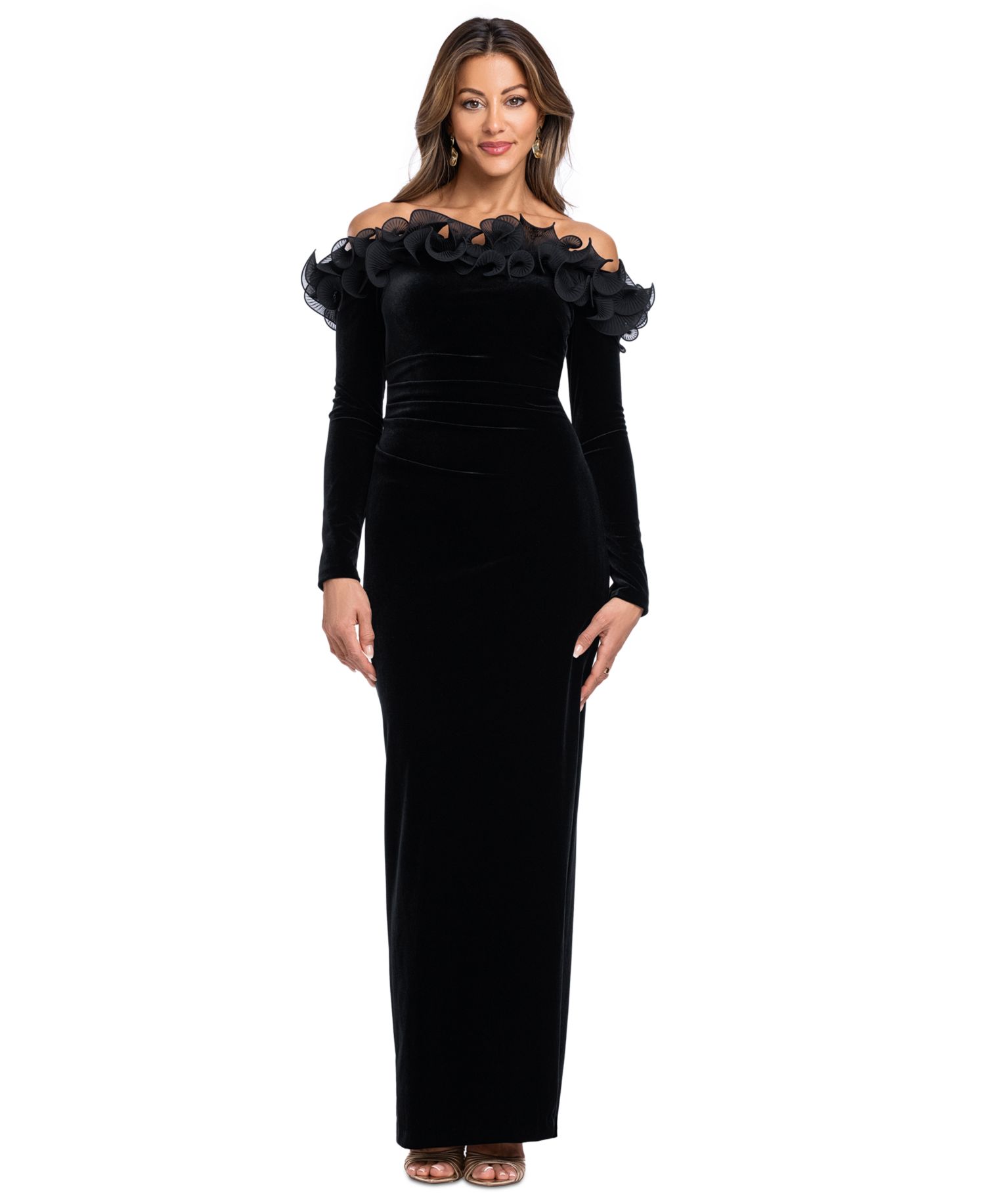 Women's Off-the-Shoulder Velvet Ruffled Gown