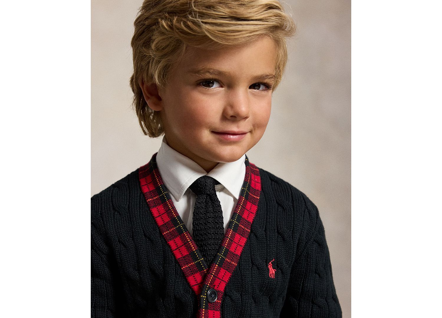Boys' 2T-7 Cable-Knit Plaid-Trim Cardigan