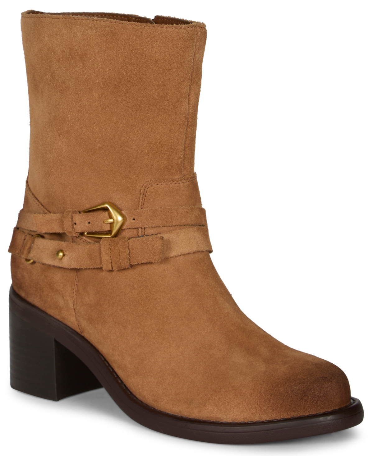 Vince Camuto Women's Armia Cross Buckle Block Heel Almond Toe Booties - Burnt Sugar Suede