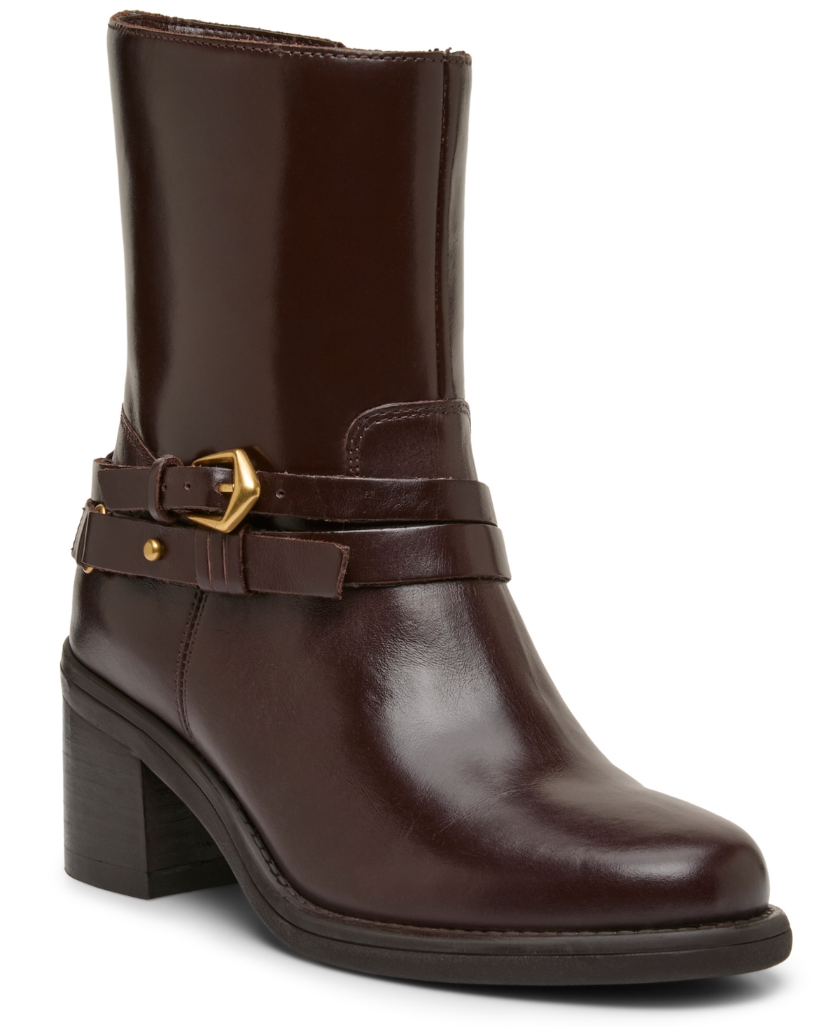 Vince Camuto Women's Armia Cross Buckle Block Heel Almond Toe Booties - Warm Chestnut