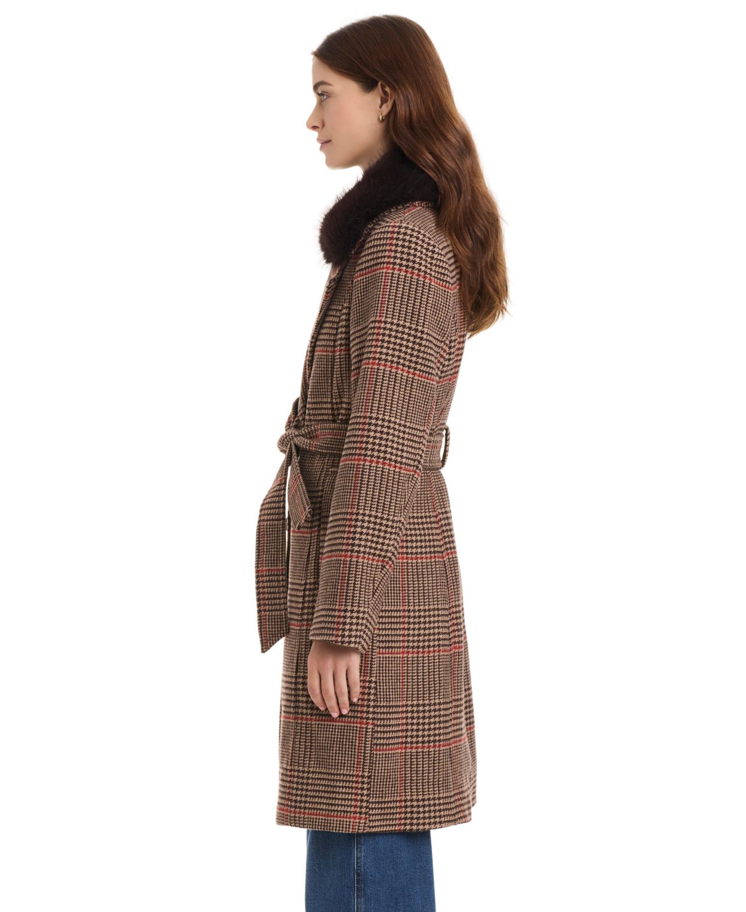 Women's Belted Coat W/ Detachable Fur Collar
