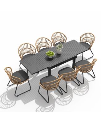 7/9/11-Piece All-Weather Extendable Outdoor Dining Set Aluminum Dining Table and Boho PE Wicker Chairs