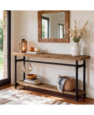 Solid Wood 63" Long Console Table, 2-Tier, Metal Frame
